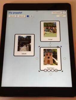 Skärmbild från appen Popplet. På skärmen finns tre rutor med fotografier på. Fotot till vänster visar en lekpark. Till höger ligger två foton vertikalt. De visar olika aktiviteter man kan göra i en lekpark.