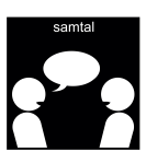 En pictogram-bild med två personer och en pratbubbla. Ovanför står texten "samtal".