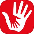 En vit hand och en mindre röd hand som ligger i den vita handen.