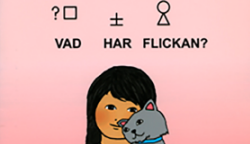 Illustration av en flicka som bär en katt. Ovanför flcikan finns bliss-symboler.