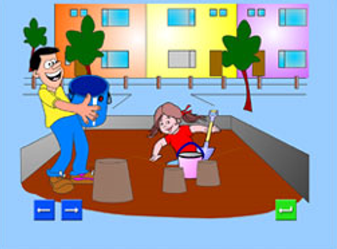 En flicka leker med hink och spade i sandlådan och en man håller en stor hink.