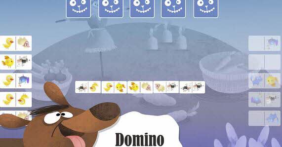 Illustrerade dominobrickor som är utlagda bredvid varandra. I nedre vänstra hörnet en hund som räcker ut tungan.