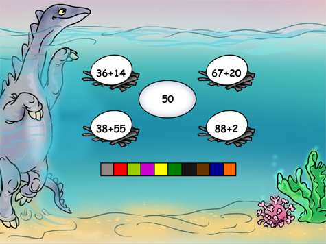 En dinosaurie under vatten och olika räkneuppgifter.