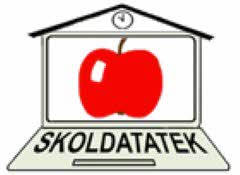 Logga för Skoldatatek. Dator med ett äpple på skärmen.