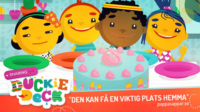 Färgglad illustration på fyra barn med varsin tallrik framför sig och en tårta i mitten.