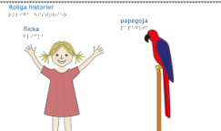 Taktila bilder på en flicka som sträcker upp händerna och en papegoja som sitter på en ställning.