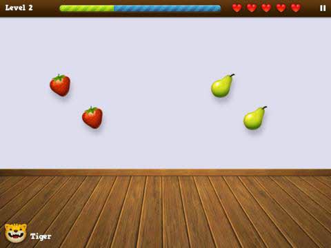 Skärmklipp ur appen Fingu. Till höger finns två gröna päron och till vänster två jordgubbar.