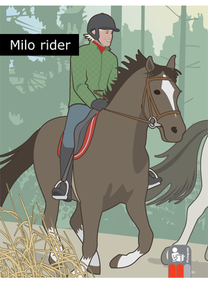 Illustration av en ung man som rider på en häst ute i skogen.
