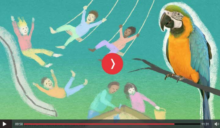 En färgrann papegoja sitter på en gren. Illustrerade barn gungar, åker rutschkana och leker i sandlådan.