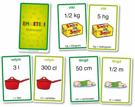 På bilden ser du sju olika kort ur en kortlek, på korten finns det bilder som visar olika symboler, volymer och vikt.