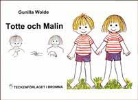 Illustration av två barn med likadana kläder. De står på gräset och håller varandra i händerna. Vid sidan finns det illustrationer av barnen när de tecknar med händerna.
