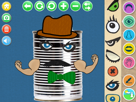 Skärmklipp ur appen Recycling Workshop. En konservburk med ditsatt hatt, ögon, mun, mustasch och armar. Ett antal menyval och inställningsmöjligheter syns.