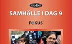 Framsidan på boken Samhälle i dag 9, i serien SOL 4000, Fokus. Tre rutor med fotografier på människor i olika situationer.