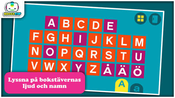 Bild på hela alfabetet i rätt ordning på fyra rader. Bokstäverna är vita och bakgrundsfärgen runt bokstäverna är orange för konsonanterna och lila för vokalerna. I nedre hörnet står det: ”Lyssna på bokstävernas ljud och namn”.